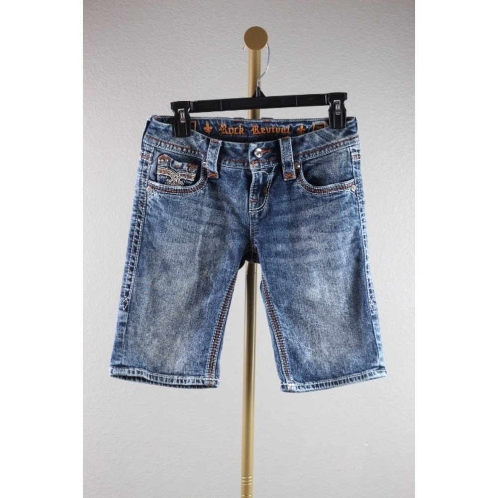 Rock Revival Bermuda Denim Shorts Medium Wash Distressed Fleur-De-Lis Size 26